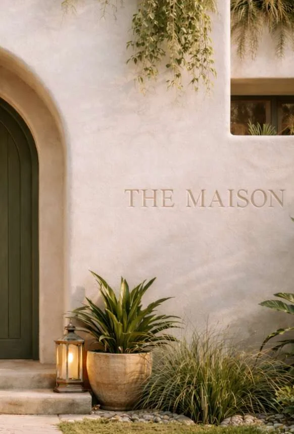 The house name cut into limewash beside an olive door, a brass lantern lit on the step.